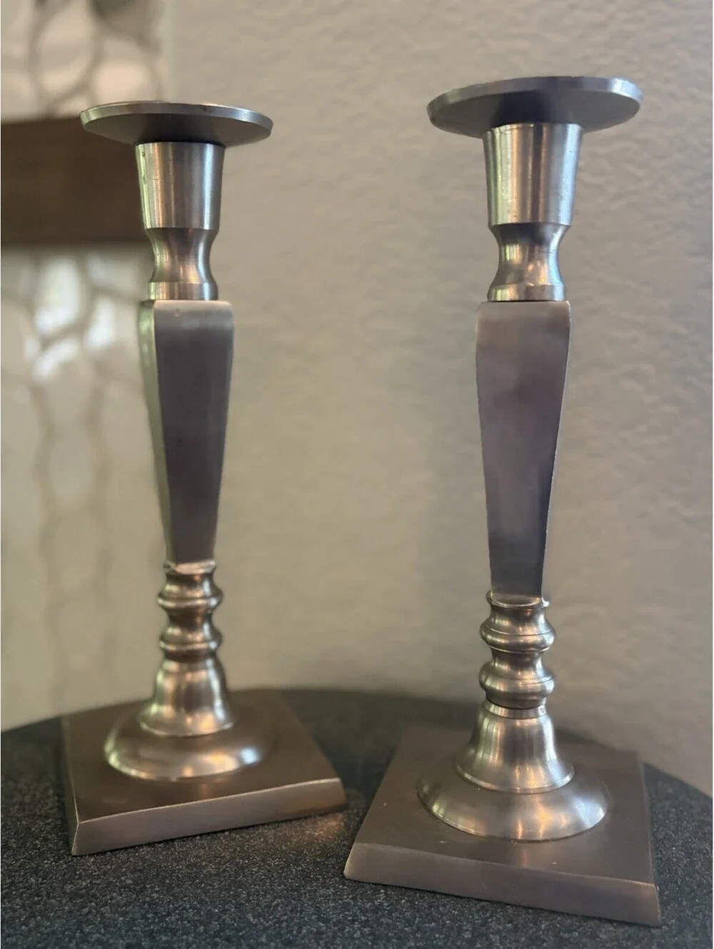 Candle Sticks Pewter Cast Metal Restoration Hardware 10” Pillar or Taper Pair